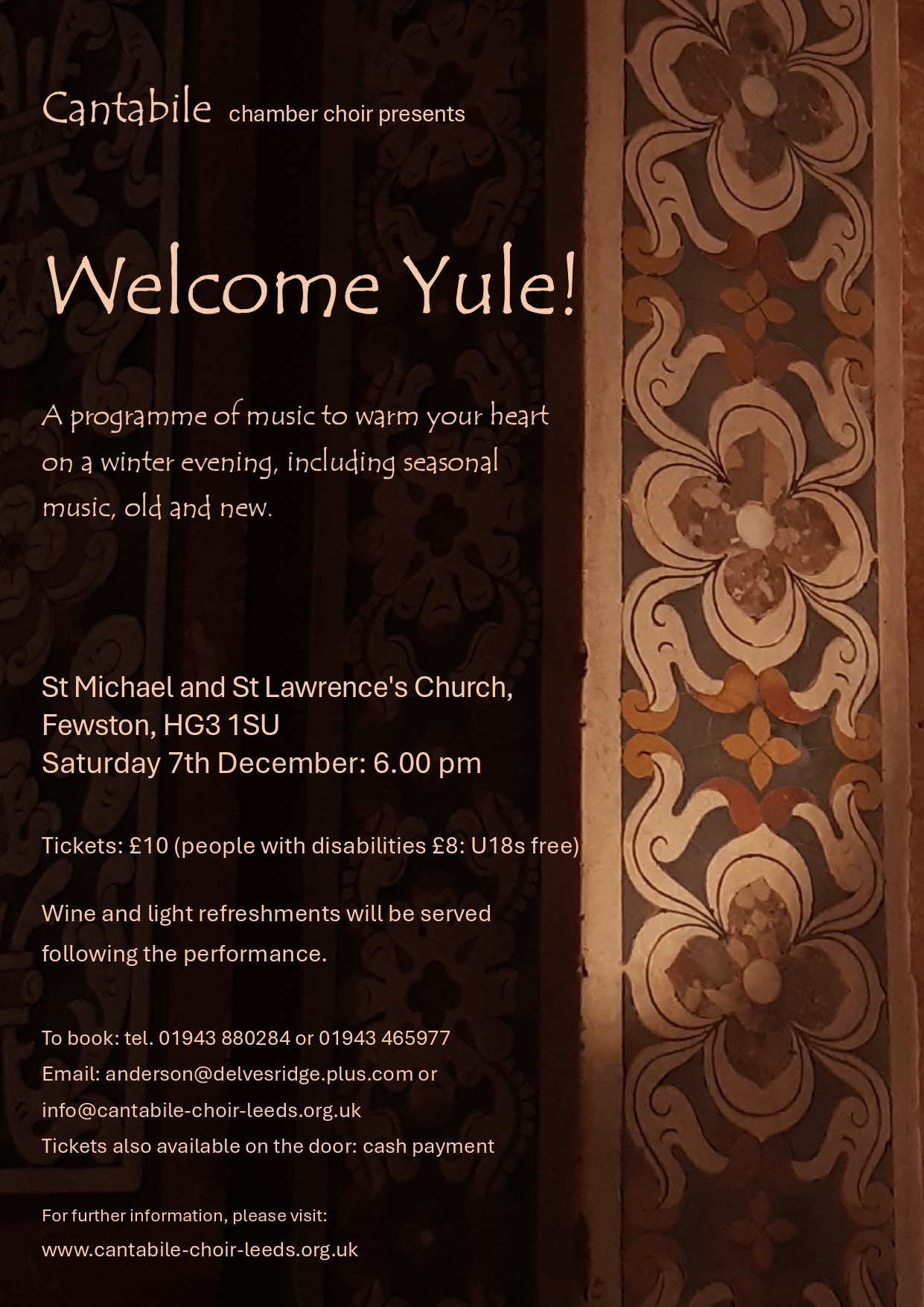 Fewston Concert flyer 7th December 2024. Dark Brown background
  with side stip of a brown tile pattern